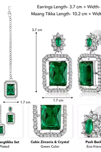 Women's silver toned cubic zirconia & green crystal studded drop earrings
