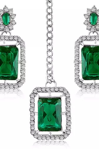 Women's silver toned cubic zirconia & green crystal studded drop earrings