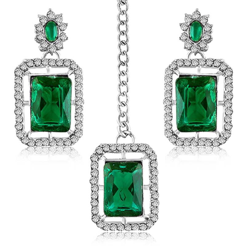 Women's silver toned cubic zirconia & green crystal studded drop earrings