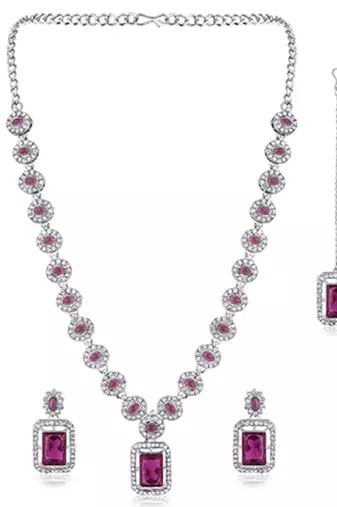 Silver plated purple synthetic stone & cubic zirconia studded