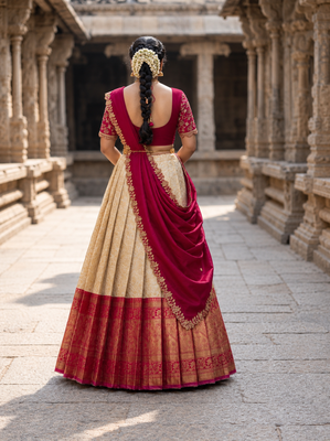 South Indian Style Semi-Stitched Half Saree with Blouse and Dupatta 2