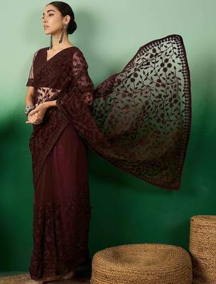 Burgundy embroidered  sarees 1