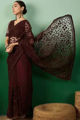 Burgundy embroidered  sarees