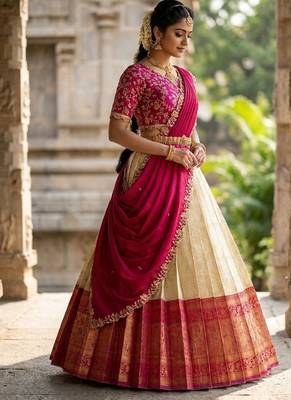 South Indian Style Semi-Stitched Half Saree with Blouse and Dupatta 3