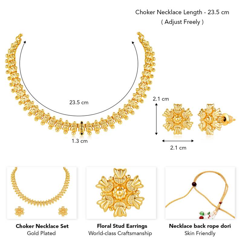 Women's choker necklace & floral stud earrings bharatanatyam jewelry set