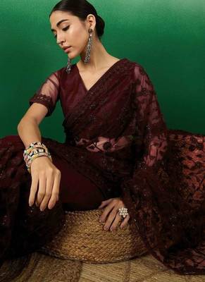 Burgundy embroidered  sarees 2