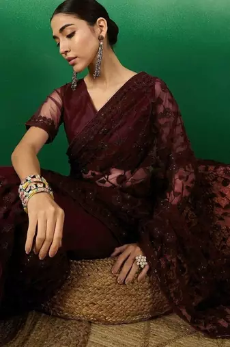 Burgundy embroidered  sarees