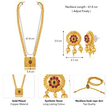 Red green synthetic stone studded long necklace earrings 4