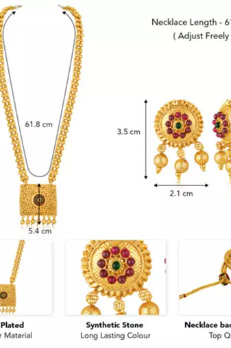 Red green synthetic stone studded long necklace earrings