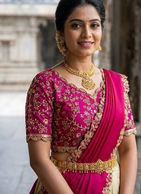 South Indian Style Semi-Stitched Half Saree with Blouse and Dupatta 4