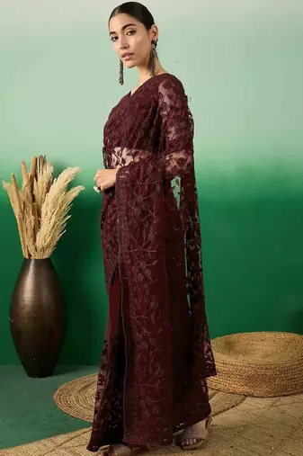Burgundy embroidered  sarees