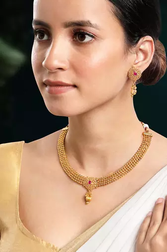 Women's gold rani pink faux stones studded necklace drop earrings