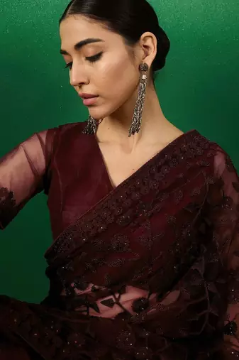 Burgundy embroidered  sarees