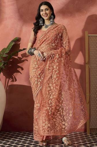 Peach women embroidered net saree with unstitched blouse