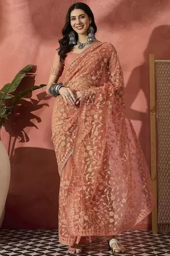 Peach women embroidered net saree with unstitched blouse