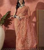 Peach women embroidered net saree with unstitched blouse