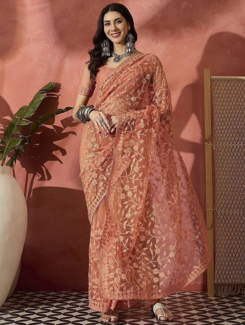Peach women embroidered net saree with unstitched blouse