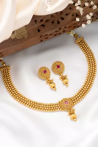 Women's gold rani pink faux stones studded necklace drop earrings