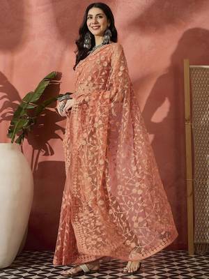 Peach women embroidered net saree with unstitched blouse 2