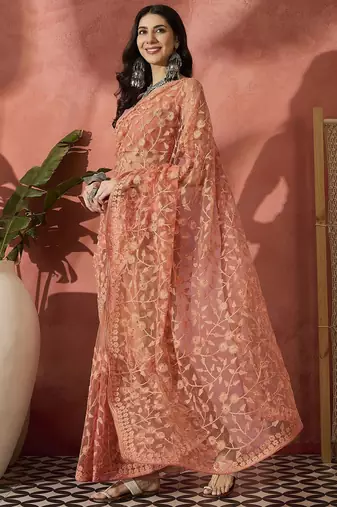 Peach women embroidered net saree with unstitched blouse