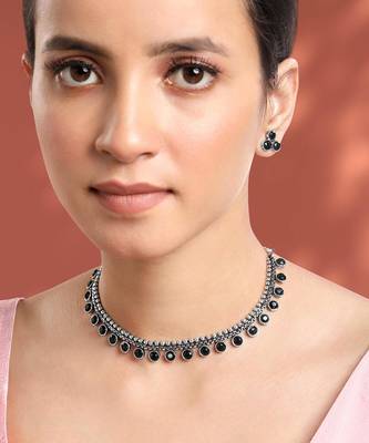 Women's synthetic stone studded choker necklace stud earrings bharatanatyam 1