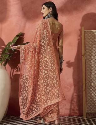 Peach women embroidered net saree with unstitched blouse 3
