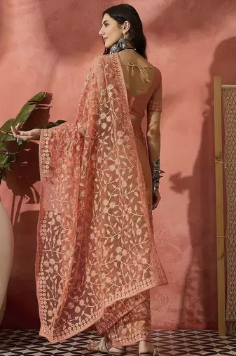 Peach women embroidered net saree with unstitched blouse