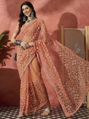 Peach women embroidered net saree with unstitched blouse 4