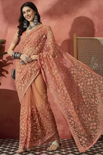 Peach women embroidered net saree with unstitched blouse