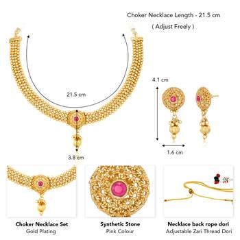 Women's gold rani pink faux stones studded necklace drop earrings 4