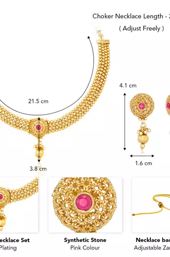 Women's gold rani pink faux stones studded necklace drop earrings