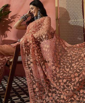 Peach women embroidered net saree with unstitched blouse 5