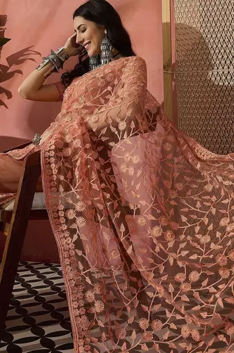 Peach women embroidered net saree with unstitched blouse