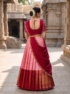 South Indian Style Semi-Stitched Half Saree with Blouse and Dupatta 2
