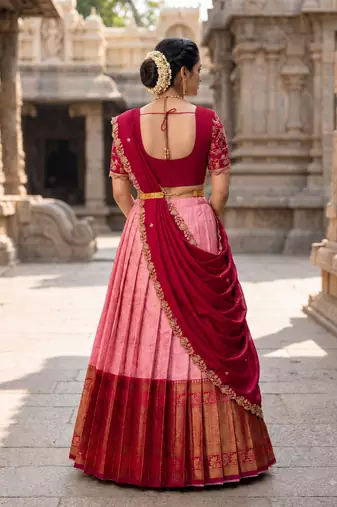 South Indian Style Semi-Stitched Half Saree with Blouse and Dupatta