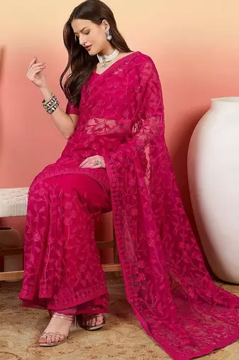 Pink embroidered net saree with unstitched blouse