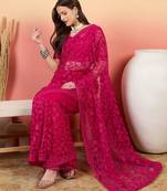 Pink embroidered net saree with unstitched blouse