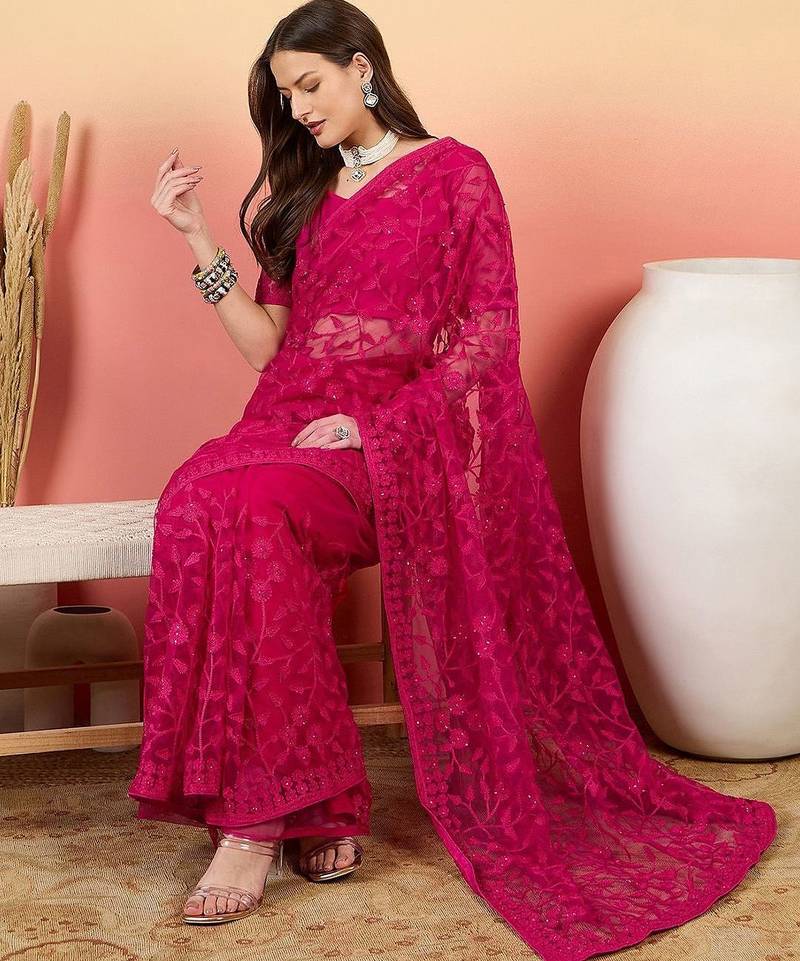 Pink embroidered net saree with unstitched blouse