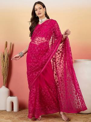 Pink embroidered net saree with unstitched blouse 2