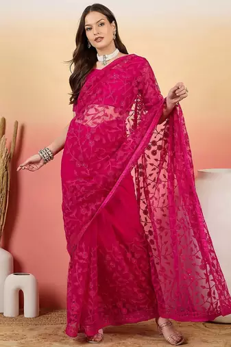 Pink embroidered net saree with unstitched blouse