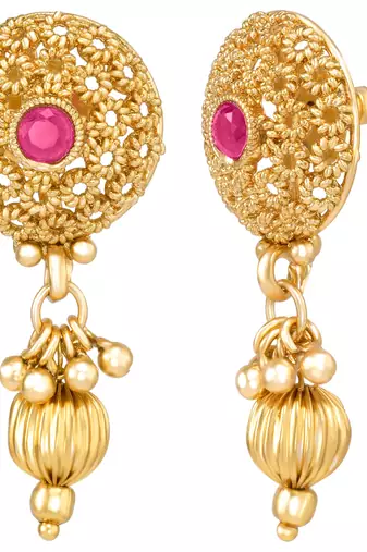 Women's gold rani pink faux stones studded necklace drop earrings