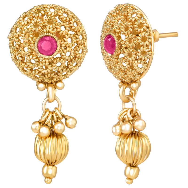 Women's gold rani pink faux stones studded necklace drop earrings