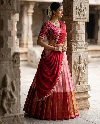 South Indian Style Semi-Stitched Half Saree with Blouse and Dupatta 3
