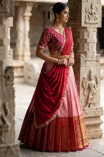 South Indian Style Semi-Stitched Half Saree with Blouse and Dupatta