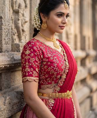 South Indian Style Semi-Stitched Half Saree with Blouse and Dupatta 4