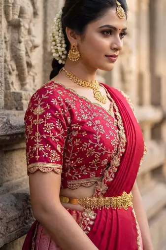 South Indian Style Semi-Stitched Half Saree with Blouse and Dupatta
