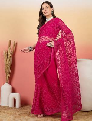 Pink embroidered net saree with unstitched blouse 3