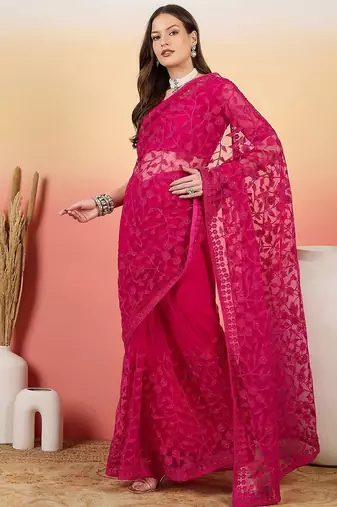 Pink embroidered net saree with unstitched blouse