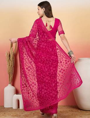 Pink embroidered net saree with unstitched blouse 4