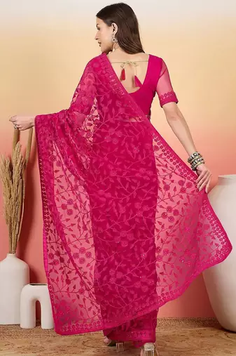 Pink embroidered net saree with unstitched blouse